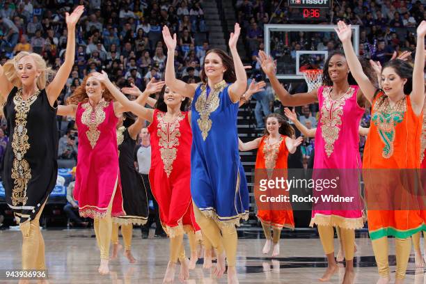 The Sacramento Kings dance team celebrate Bollywood Night during the game against the Golden State Warriors on March 31, 2018 at Golden 1 Center in...