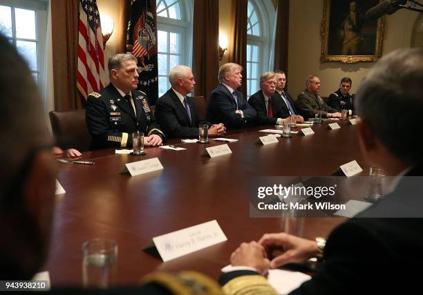 President Donald Trump speaks about the FBI raid at his lawyer Michael Cohen's office, while receiving a briefing from senior military leaders...