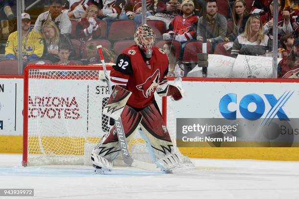 Antti Raanta of the Arizona Coyotes gets ready to make a save against the Anaheim Ducks at Gila River Arena on April 7, 2018 in Glendale, Arizona.