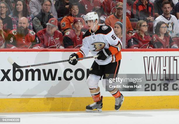 Troy Terry of the Anaheim Ducks skates up ice against the Arizona Coyotes at Gila River Arena on April 7, 2018 in Glendale, Arizona.