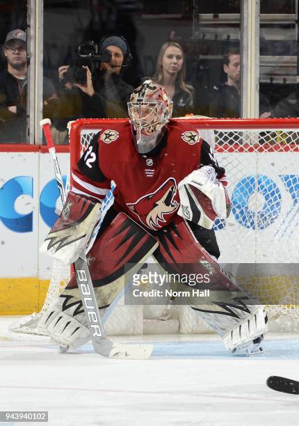 Antti Raanta of the Arizona Coyotes gets ready to make a save against the Anaheim Ducks at Gila River Arena on April 7, 2018 in Glendale, Arizona.
