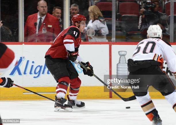 Brendan Perlini of the Arizona Coyotes skates up ice against the Anaheim Ducks at Gila River Arena on April 7, 2018 in Glendale, Arizona.