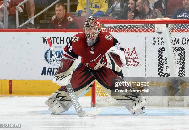 Antti Raanta of the Arizona Coyotes gets ready to make a save against the Anaheim Ducks at Gila River Arena on April 7, 2018 in Glendale, Arizona.