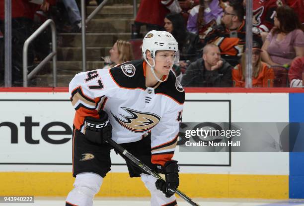 Hampus Lindholm of the Anaheim Ducks gets ready during a faceoff against the Arizona Coyotes at Gila River Arena on April 7, 2018 in Glendale,...