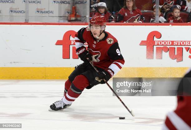 Clayton Keller of the Arizona Coyotes skates with the puck against the Anaheim Ducks at Gila River Arena on April 7, 2018 in Glendale, Arizona.