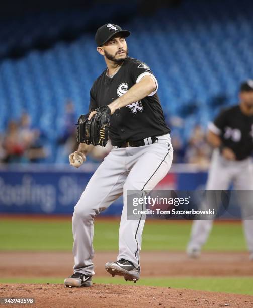 Miguel Gonzalez of the Chicago White Sox delivers a pitch in the first inning during MLB game action against the Toronto Blue Jays at Rogers Centre...