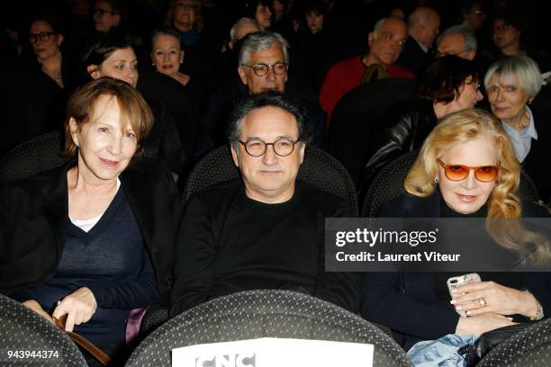 Actress Nathalie Baye, Director Thierry Klifa and Singer Sylvie Vartan attend Tribute To Daniele Darrieux at Cinema Max Linder on April 9, 2018 in...