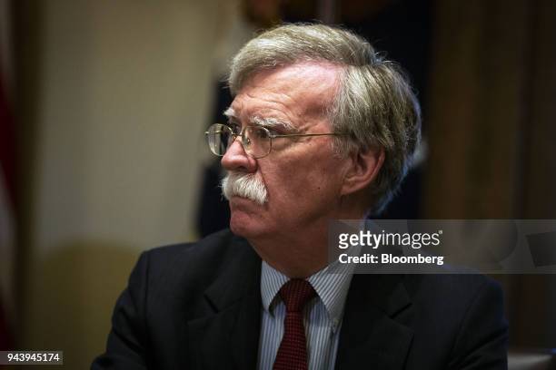 John Bolton, national security advisor, listens as U.S. President Donald Trump, not pictured, speaks during a meeting with senior military leadership...