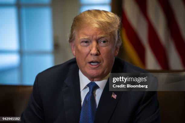 President Donald Trump speaks during a meeting with senior military leadership in the Cabinet Room of the White House in Washington, D.C., U.S., on...