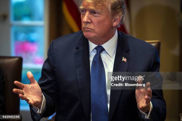 President Donald Trump speaks during a meeting with senior military leadership in the Cabinet Room of the White House in Washington, D.C., U.S., on...