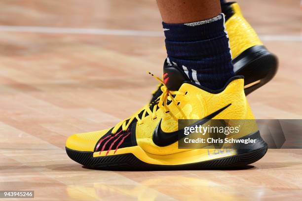 Sneakers of Stanley Johnson of the Detroit Pistons during the game against the Toronto Raptors on April 9, 2018 at Little Caesars Arena, Michigan....