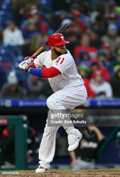 Carlos Santana of the Philadelphia Phillies in action during a game against the Miami Marlins at Citizens Bank Park on April 7, 2018 in Philadelphia,...