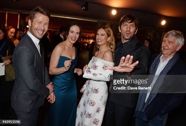 Glen Powell, Jessica Brown Findlay, Lily James, Michiel Huisman and Sir Tom Courtenay attend the World Premiere of "The Guernsey Literary And Potato...
