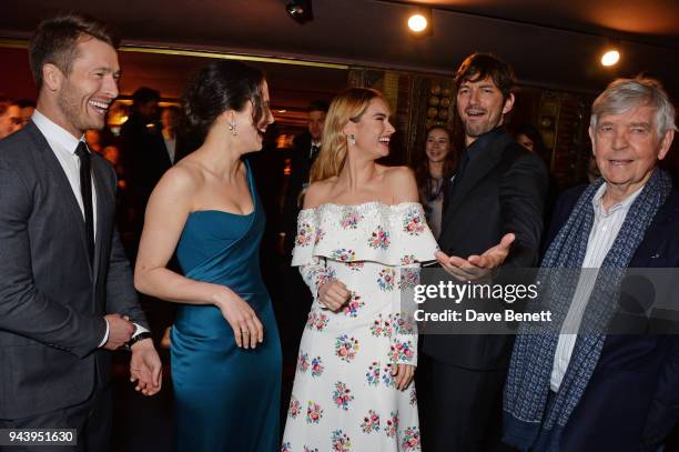Glen Powell, Jessica Brown Findlay, Lily James, Michiel Huisman and Sir Tom Courtenay attend the World Premiere of "The Guernsey Literary And Potato...