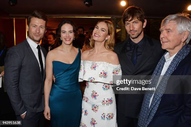 Glen Powell, Jessica Brown Findlay, Lily James, Michiel Huisman and Sir Tom Courtenay attend the World Premiere of "The Guernsey Literary And Potato...