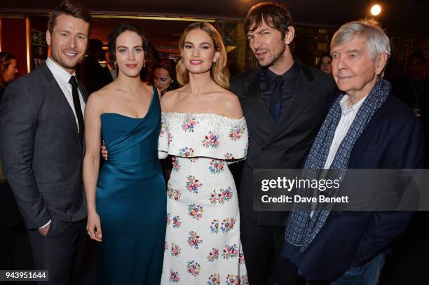 Glen Powell, Jessica Brown Findlay, Lily James, Michiel Huisman and Sir Tom Courtenay attend the World Premiere of "The Guernsey Literary And Potato...