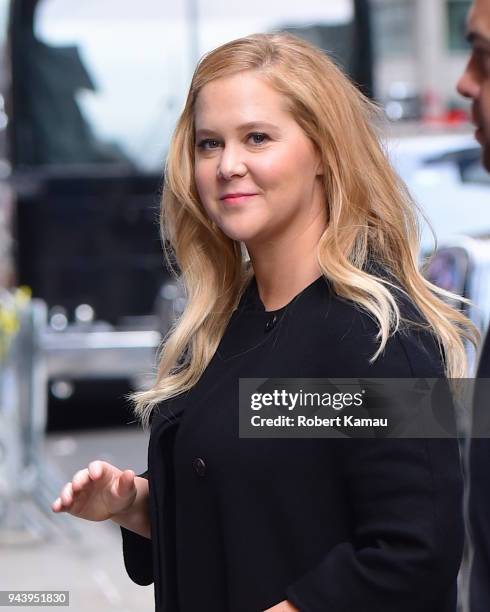 Amy Schumer arrives to The Late Show with Stephen Colbert studio on April 9, 2018 in New York City.