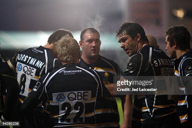 Worcester Warriors captain Pat Sanderson shouts at his players after conceding a try during the Amlin Challenge Cup match between Worcester Warriors...