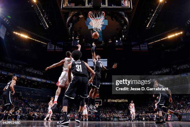 Rondae Hollis-Jefferson of the Brooklyn Nets shoot the ball during the game against the Chicago Bulls on April 9, 2018 at Barclays Center in...