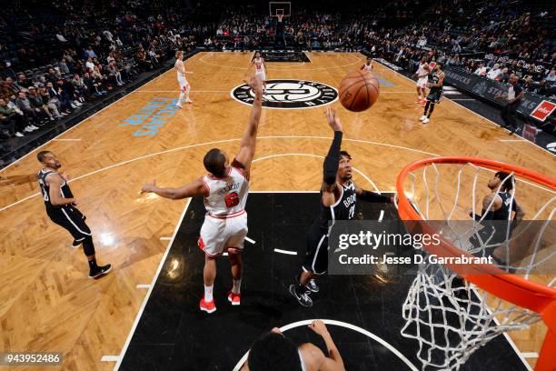 Rondae Hollis-Jefferson of the Brooklyn Nets shoot the ball during the game against the Chicago Bulls on April 9, 2018 at Barclays Center in...