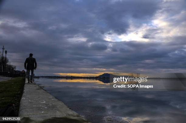 Boy walks on the banks of Dal Lake after a fresh spell of rainfall in Srinagar, Indian administered Kashmir. Plains of Kashmir valley on Monday...