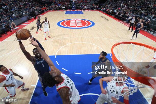 Reggie Jackson of the Detroit Pistons handles the ball against the Toronto Raptors on April 9, 2018 at Little Caesars Arena in Detroit, Michigan....