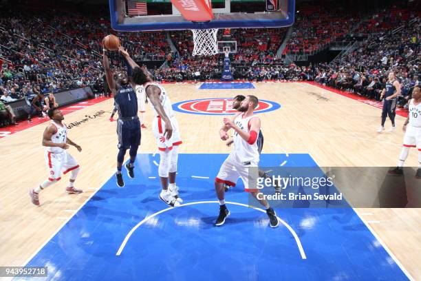 Reggie Jackson of the Detroit Pistons handles the ball against the Toronto Raptors on April 9, 2018 at Little Caesars Arena in Detroit, Michigan....