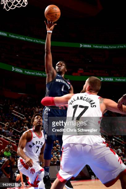 Reggie Jackson of the Detroit Pistons goes to the basket against the Toronto Raptors on April 9, 2018 at Little Caesars Arena, Michigan. NOTE TO...