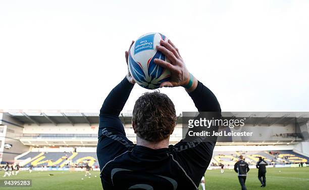 Hooker Sean Cronin of Connaught Rugby practices his throw in for the lineout with the Amlin Sponsored European Challenge Cup Adidas ball during the...