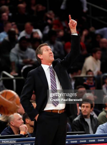 Head coach Jeff Hornacek of the New York Knicks points up in an NBA basketball game against the Miami Heat on April 6, 2018 at Madison Square Garden...