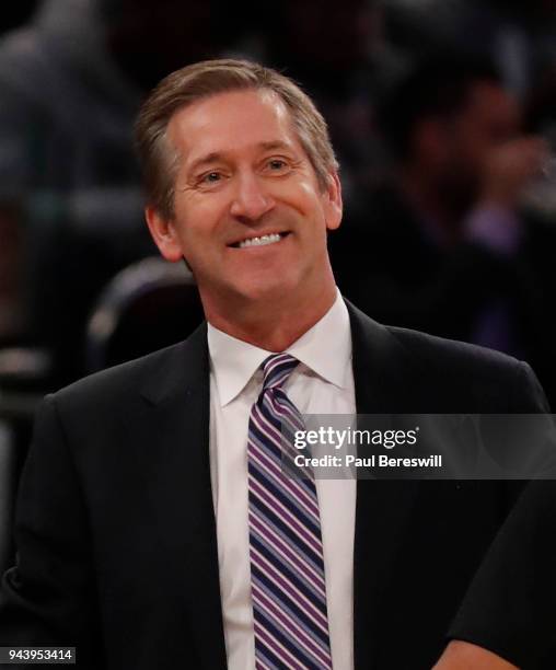 Head coach Jeff Hornacek of the New York Knicks smiles in an NBA basketball game against the Miami Heat on April 6, 2018 at Madison Square Garden in...