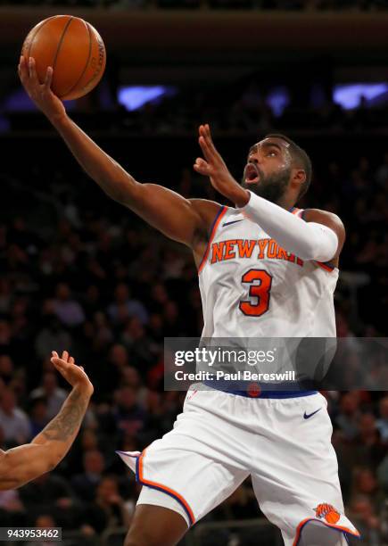 Tim Hardaway Jr. #3 of the New York Knicks lays up a basket an NBA basketball game against the Miami Heat on April 6, 2018 at Madison Square Garden...