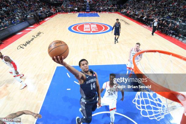 Ish Smith of the Detroit Pistons handles the ball against the Toronto Raptors on April 9, 2018 at Little Caesars Arena in Detroit, Michigan. NOTE TO...