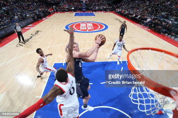 Henry Ellenson of the Detroit Pistons handles the ball against the Toronto Raptors on April 9, 2018 at Little Caesars Arena in Detroit, Michigan....