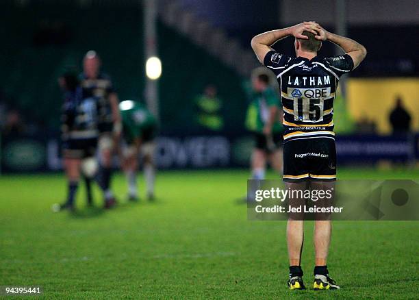 Dejected Chris Latham of Worcester Warriors stands watching during the Amlin Challenge Cup match between Worcester Warriors and Connaught Rugby at...
