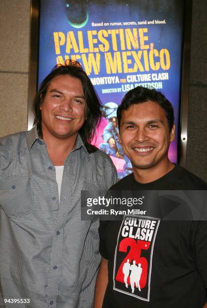 Actors Brandon Oakes and Adam Beach pose during the arrivals for the opening night performance of "Palestine, New Mexico" at the Center Theatre...