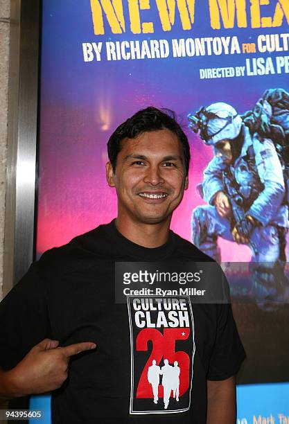 Actor Adam Beach poses during the arrivals for the opening night performance of "Palestine, New Mexico" at the Center Theatre Group's Mark Taper...