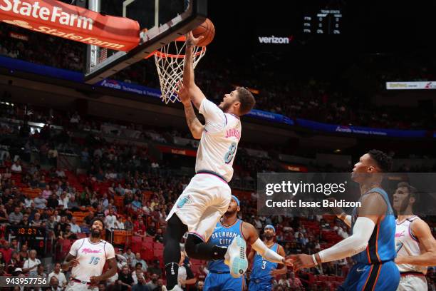 Tyler Johnson of the Miami Heat dunks against the Oklahoma City Thunder on April 9, 2018 at American Airlines Arena in Miami, Florida. NOTE TO USER:...