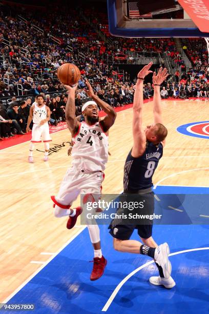 Lorenzo Brown of the Toronto Raptors goes to the basket against the Detroit Pistons on April 9, 2018 at Little Caesars Arena, Michigan. NOTE TO USER:...