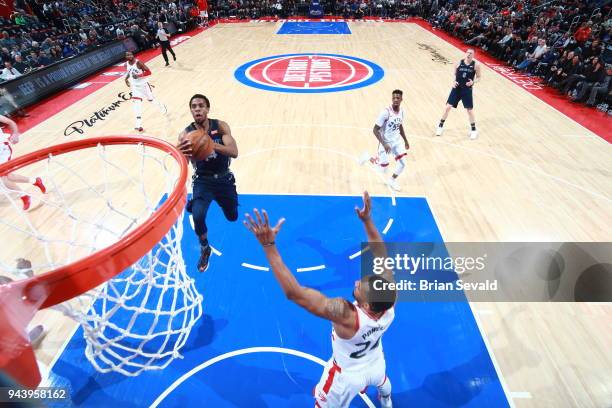 Ish Smith of the Detroit Pistons goes to the basket against the Toronto Raptors on April 9, 2018 at Little Caesars Arena in Detroit, Michigan. NOTE...