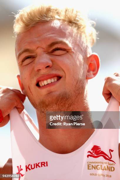 Kyle Langford of England looks on prior to competes in the Men's 800 metres heats during the Athletics on day six of the Gold Coast 2018 Commonwealth...