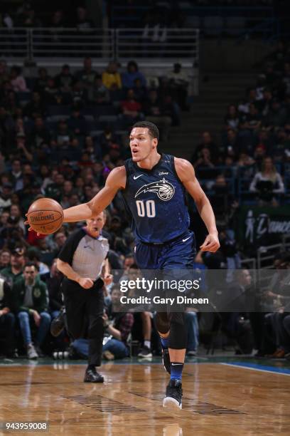 Milwaukee, WI Aaron Gordon of the Orlando Magic handles the ball against the Milwaukee Bucks on April 9, 2018 at the BMO Harris Bradley Center in...