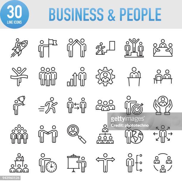 illustrazioni stock, clip art, cartoni animati e icone di tendenza di set di icone modern universal business & people line - soluzione