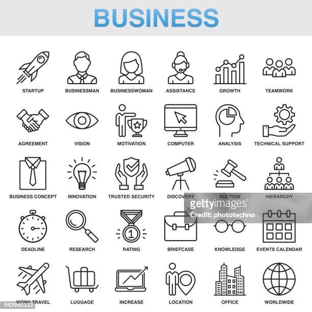 illustrazioni stock, clip art, cartoni animati e icone di tendenza di set di icone universal business line moderno - strategia d'impresa
