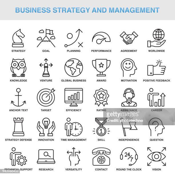illustrazioni stock, clip art, cartoni animati e icone di tendenza di modern universal business strategy and management line icon set - strategia d'impresa