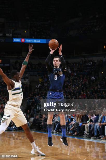 Milwaukee, WI Mario Hezonja of the Orlando Magic shoots the ball against the Milwaukee Bucks on April 9, 2018 at the BMO Harris Bradley Center in...