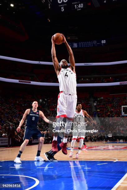 Lorenzo Brown of the Toronto Raptors grabs the rebound against the Detroit Pistons on April 9, 2018 at Little Caesars Arena, Michigan. NOTE TO USER:...