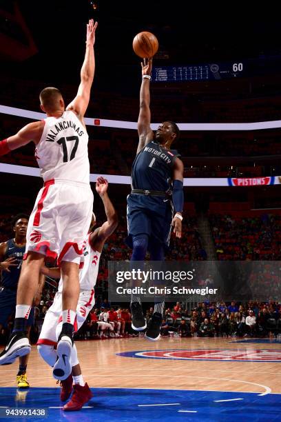 Reggie Jackson of the Detroit Pistons shoots the ball against the Toronto Raptors on April 9, 2018 at Little Caesars Arena, Michigan. NOTE TO USER:...