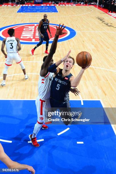 Luke Kennard of the Detroit Pistons shoots the ball against the Toronto Raptors on April 9, 2018 at Little Caesars Arena, Michigan. NOTE TO USER:...