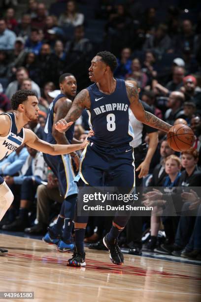 MarShon Brooks of the Memphis Grizzlies handles the ball against the Minnesota Timberwolves on April 9, 2018 at Target Center in Minneapolis,...